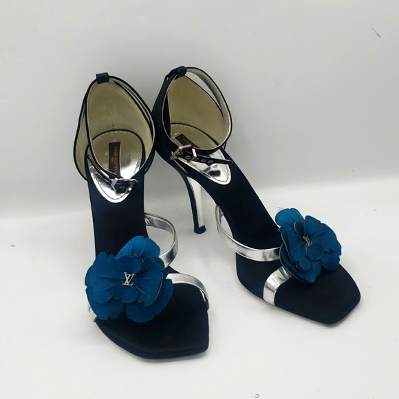 LOUIS VUITTON SIZE 39 OR US 9 COLOR BLACK SATIN SILVER LEATHER AQUA BLUE USED 2X - Picture 1 of 14